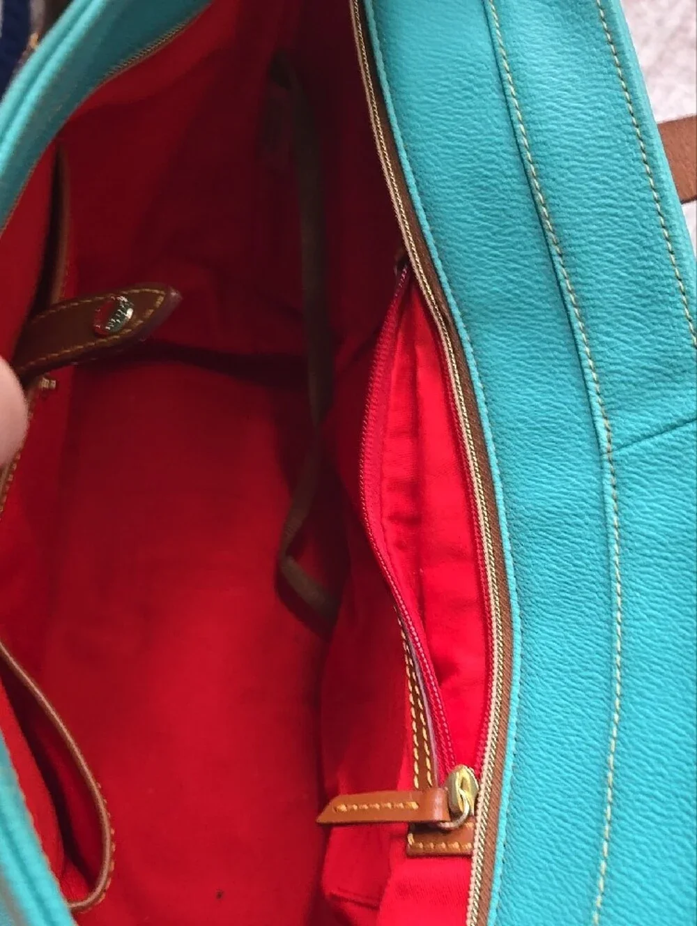 Turquoise Tote Bag with Wristlet - Brown Trim - Picture 5 of 6